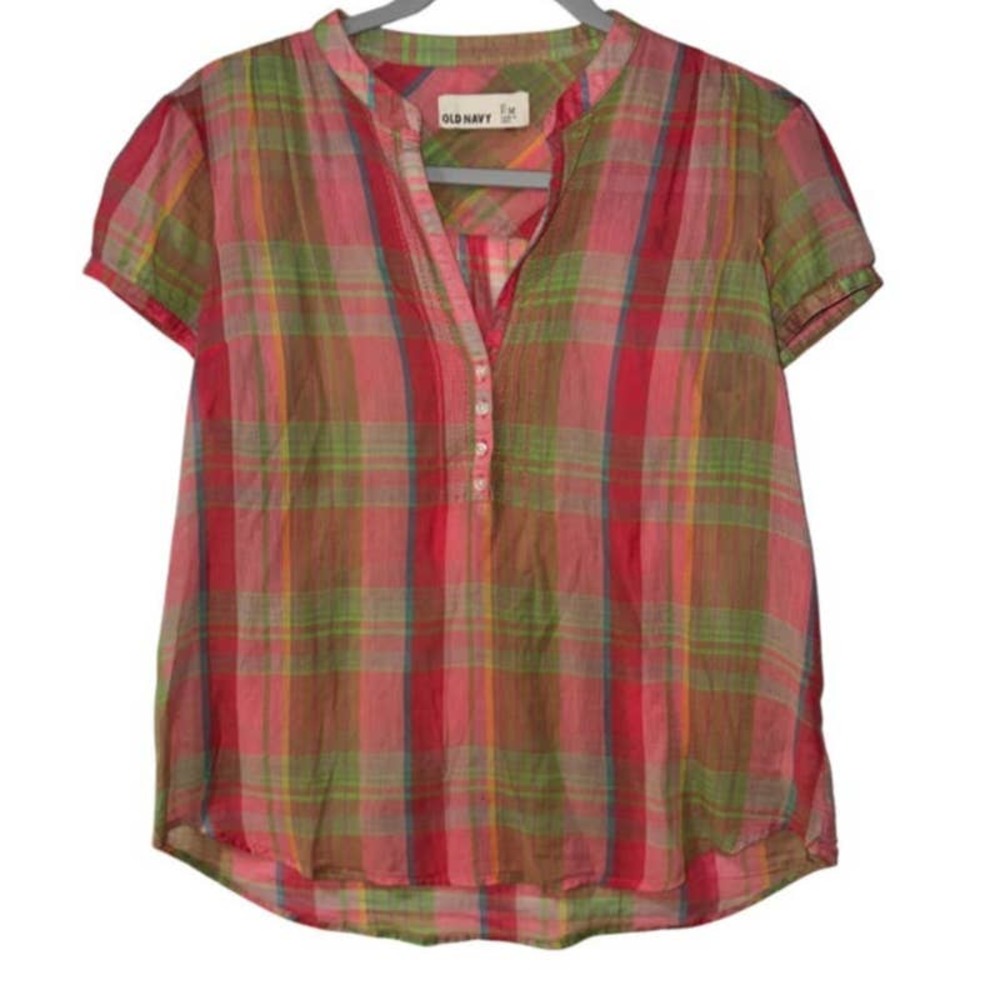 OLD NAVY SEMI SHEER PINK GREEN PLAID PULLOVER BLOUSE MEDIUM